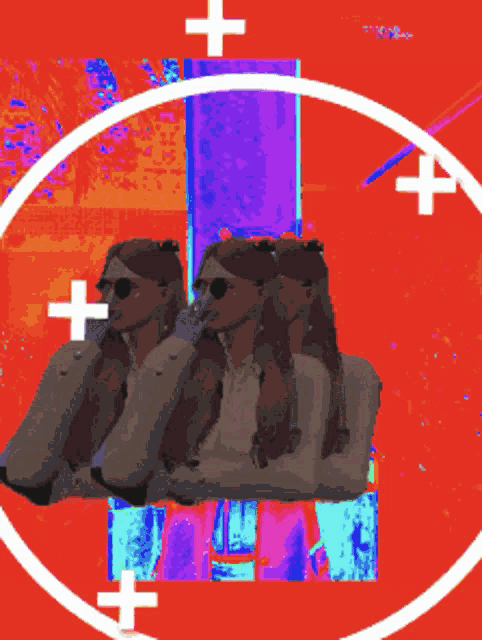 a colorful painting of three women standing next to each other with a white cross in the middle