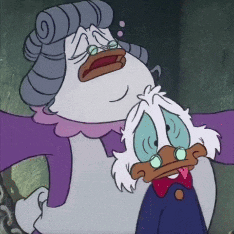 a cartoon of a duck with glasses and a scarf crying