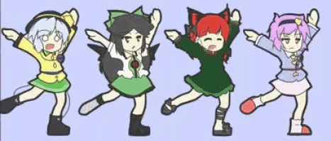a group of four anime characters are dancing together