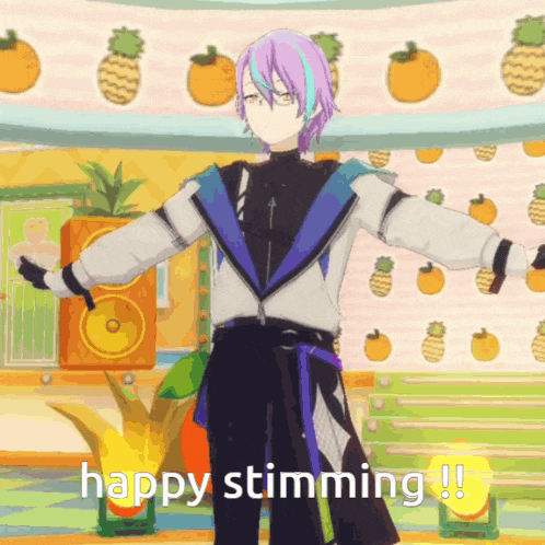 a man with purple hair is standing in front of a wall with pineapples on it and says happy stirming