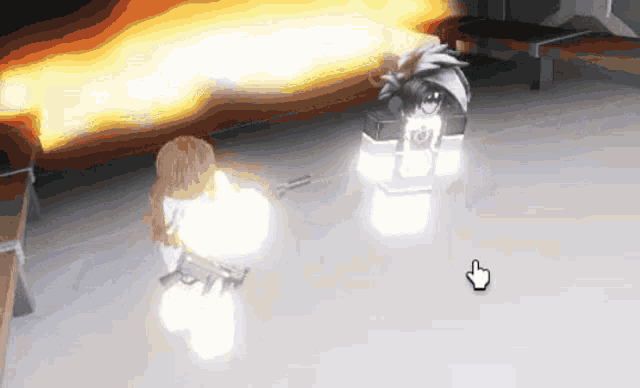 a girl is holding a gun in a video game while another girl is standing in front of a fireball .