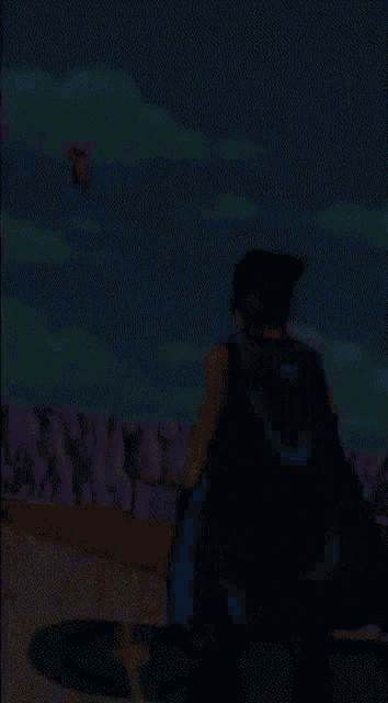 a pixelated image of a man in a blue cape watching a cartoon character flying in the sky