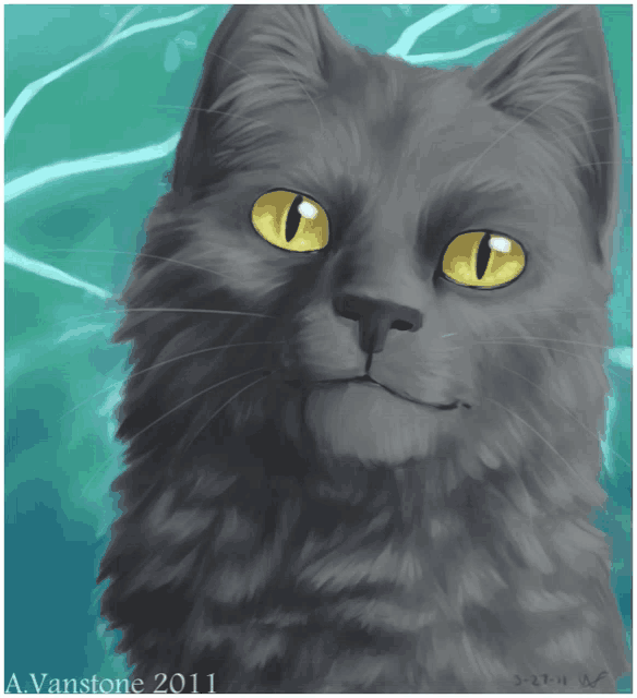 a painting of a grey cat with yellow eyes by a vanstone 2011