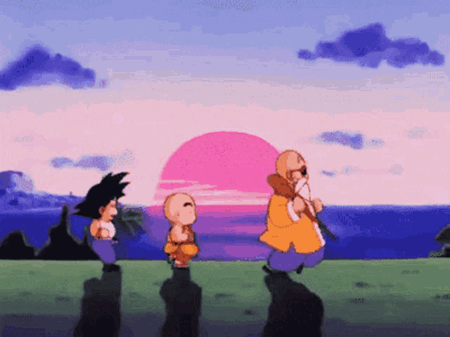 a cartoon of a man and two children dancing in front of a pink sun