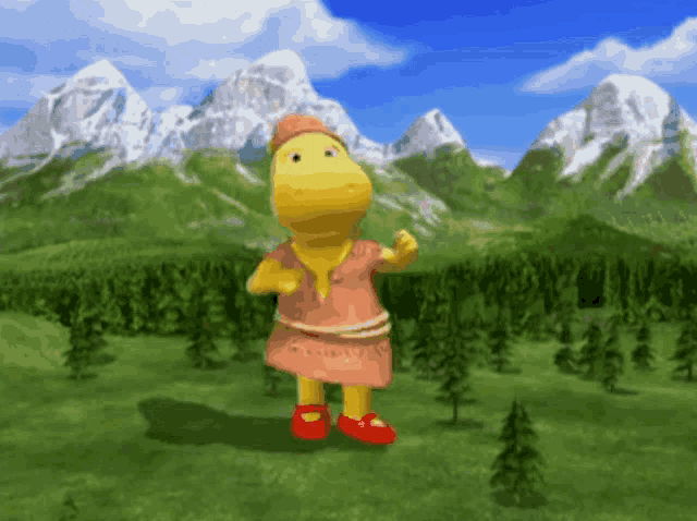 a cartoon character with mountains in the background is standing in a field