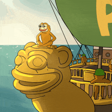 a cartoon of a monkey sitting on top of a statue with the letter p in the background