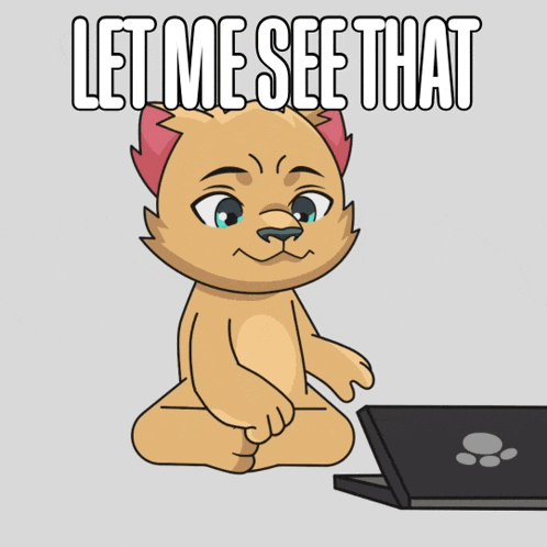 a cartoon cat is typing on a laptop with the words let me see that above him