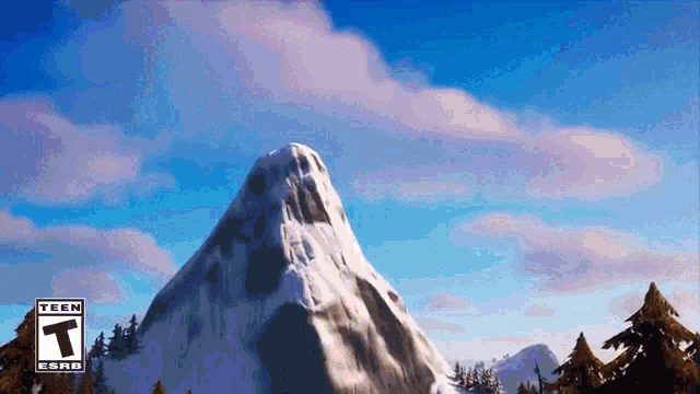 a mountain covered in snow with a teen esrb sign in the background