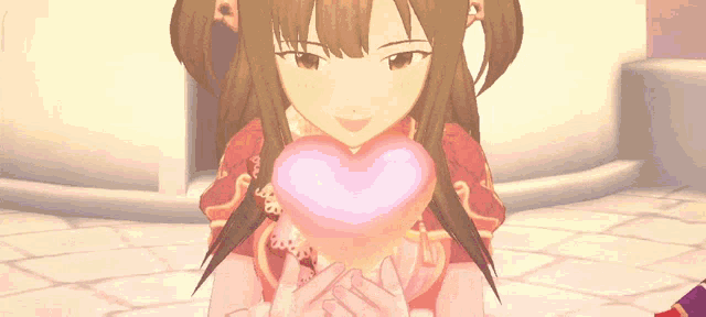a girl in a red dress holds a pink heart in her hands