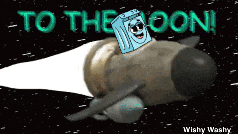 a cartoon of a washing machine flying through space with the words to the moon