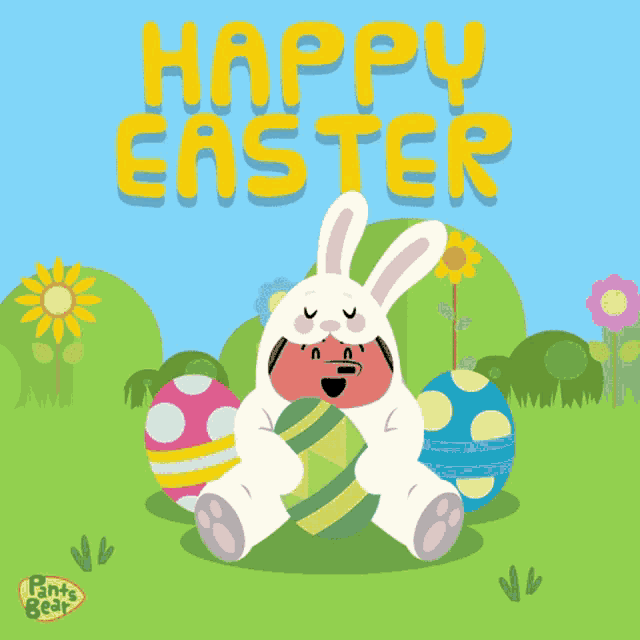 a happy easter greeting card with a bunny holding an egg