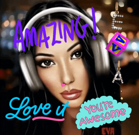 a woman wearing headphones with the words amazing love it you 're awesome on the bottom