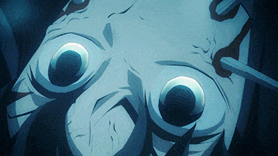 a close up of a cartoon character 's face with large eyes