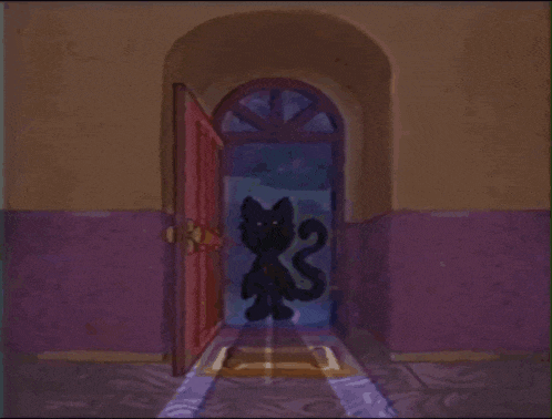 a cartoon drawing of a black cat standing in an open doorway