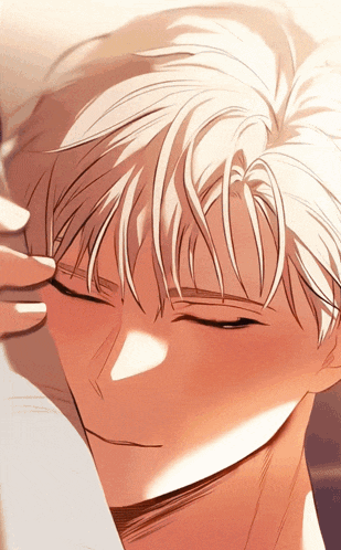 a close up of a person 's face with white hair