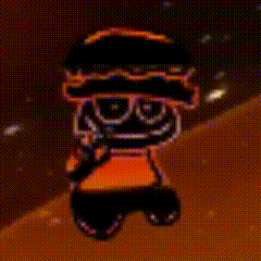 a pixel art of a cartoon character wearing sunglasses and a hat is standing in a dark room .