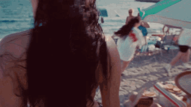 a woman in a bikini is standing on a beach looking at the ocean