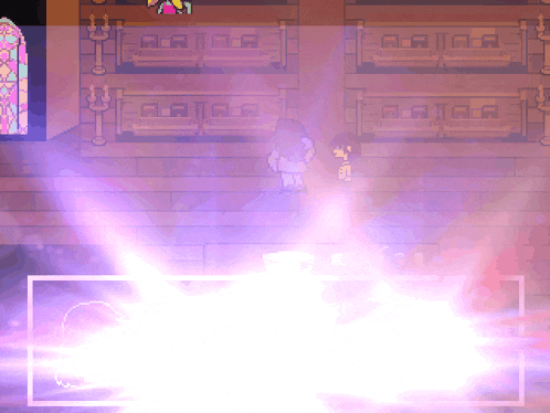 a pixel art of a person standing in a room with a purple light coming out of it