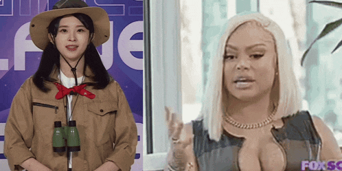a woman in a cowboy hat stands next to a woman in a fox sg shirt