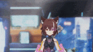 a girl with cat ears and a robotic arm is standing in front of a computer screen