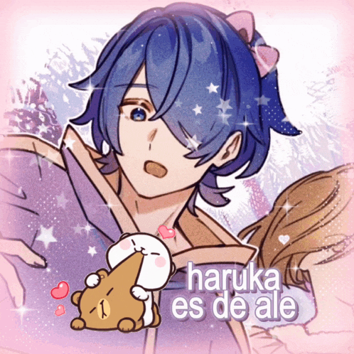 a drawing of a boy with blue hair and the words haruka es de ale on the bottom