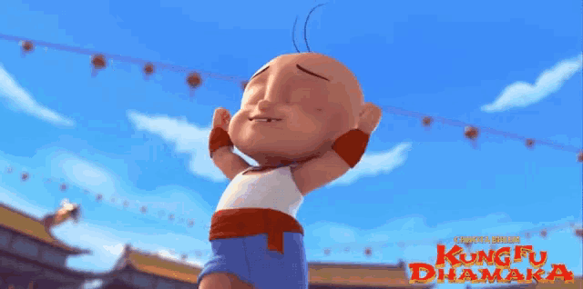 a poster for kung fu dhamaka shows a cartoon character with his arms in the air