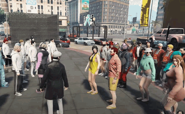 a large group of people are gathered on a city street with a mcdonald 's sign behind them