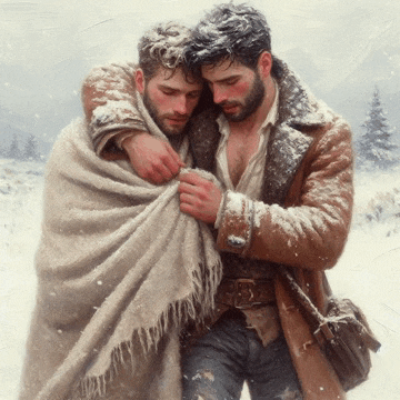 a painting of two men wrapped in a blanket standing in the snow