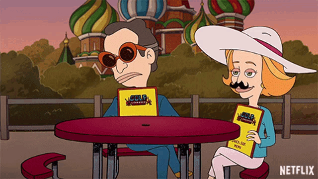 a cartoon of a man and a woman sitting at a table with a menu that says netflix