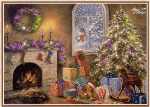 a painting of a living room decorated for christmas with gifts under a christmas tree