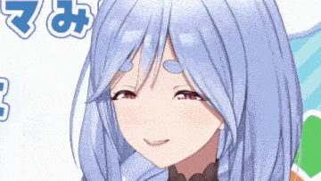 a close up of a anime girl with long blue hair and red eyes smiling .