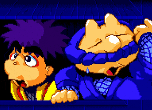 a pixel art drawing of a boy and a ninja