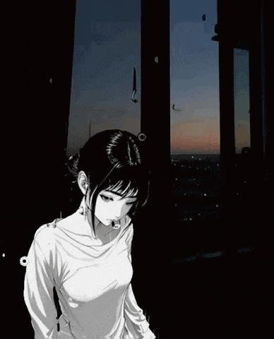 a black and white drawing of a girl standing in front of a window at night