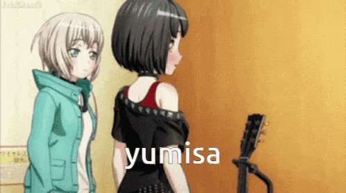 two anime girls are standing next to each other and the word yumisa is on the bottom