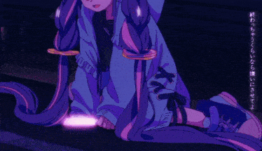a girl in a blue jacket is holding a purple object in her hand