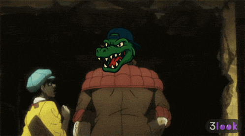 a cartoon of a man and a crocodile with a 3look icon in the corner