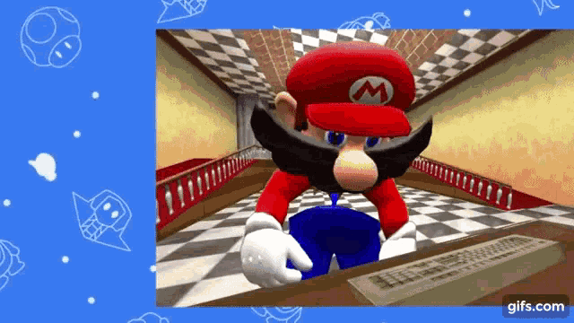 a video game character named mario is sitting at a desk with a keyboard