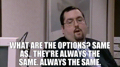 a man with glasses and a beard is sitting in front of a computer with the words what are the options ? same as .