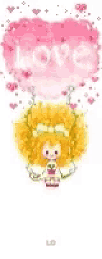 a little girl with curly hair is sitting under a pink cloud with the word love written on it .