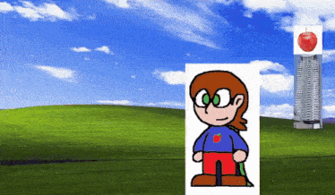 a cartoon character is standing in front of a large green hill