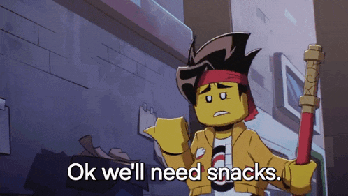 a cartoon character holding a stick says ok we 'll need snacks