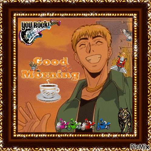 a picture of a man with a cup of coffee and the words good morning on it