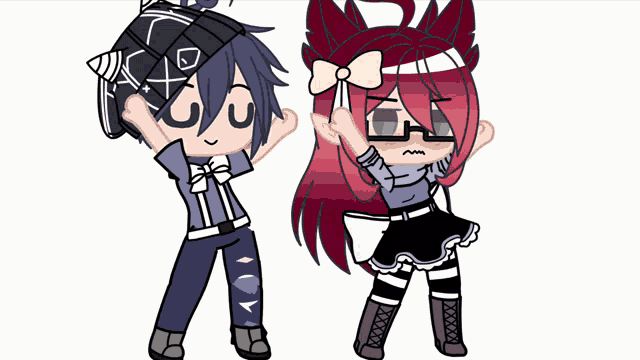 a boy and a girl are standing next to each other with their hands in the air