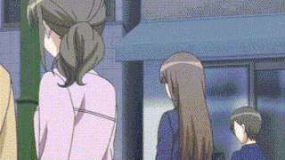 a group of people are standing in front of a building in a cartoon .