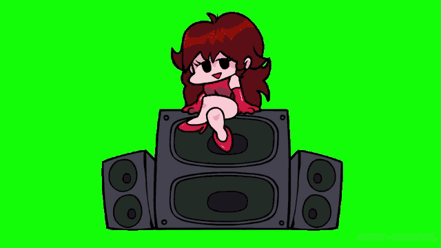 a girl is sitting on top of a speaker on a green screen
