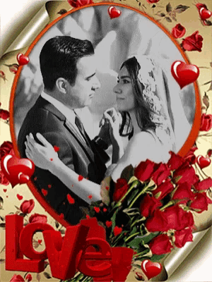 a picture of a bride and groom surrounded by red roses with the word love in the middle