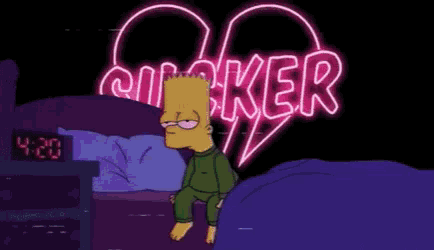 bart simpson is sitting on a bed in front of a neon sign that says maker .