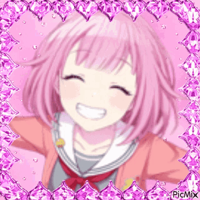 a girl with pink hair is smiling in a pink frame .