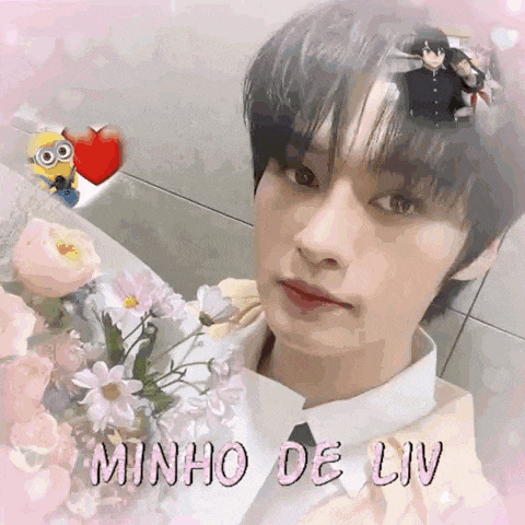 a close up of a person 's face with flowers and the name minho de liv written on the bottom
