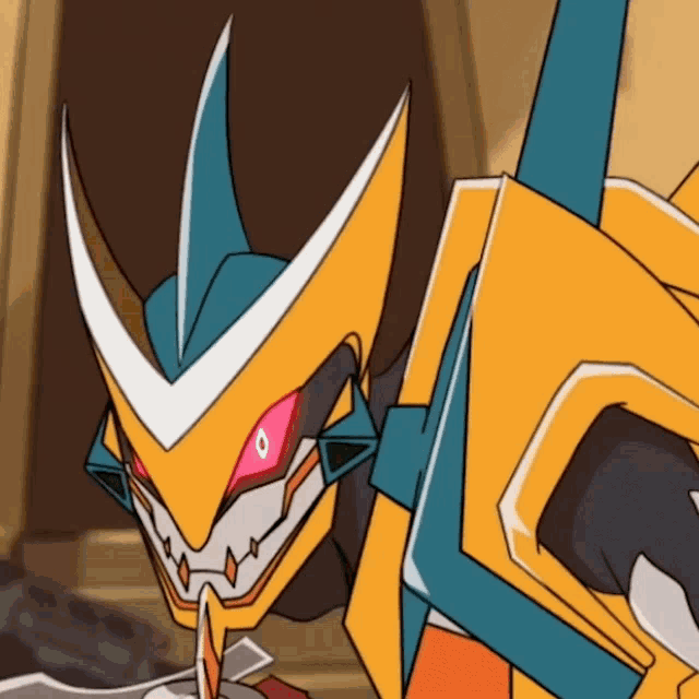 a close up of a robot with red eyes